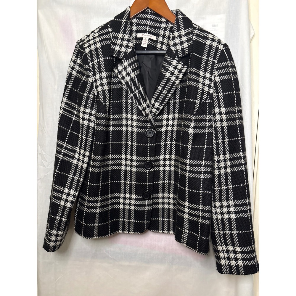 JM Collection Womens Plaid Blazer Jacket Black White Checkered‎ Size 14 WPL 8046